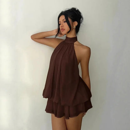 Women's Halter Neck Dress, Backless Tie-Front Chiffon Sheer Mini Skirt, Fashionable Sexy Y2K Vintage Cute Party Birthday Dress