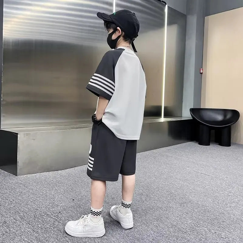 Summer Casual Boys Cotton Contrast Striped t-Shirt Tops+Short Pant Sets School Kids Tracksuit Child 2PCS Jogging Outfit 5-16 Yrs