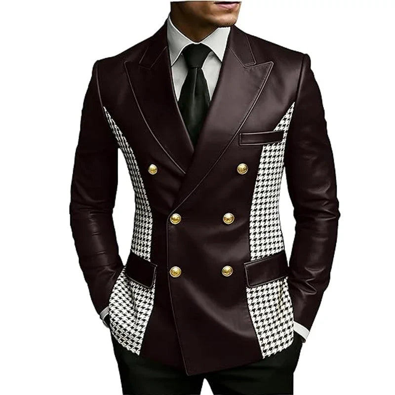 Men’s Brown Leather Blazer With Houndstooth Sides Vintage Two-Tone Double Breasted Slim Fit Gold Buttons Leather Tuxedo Jacket
