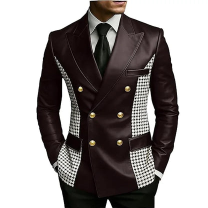 Men’s Brown Leather Blazer With Houndstooth Sides Vintage Two-Tone Double Breasted Slim Fit Gold Buttons Leather Tuxedo Jacket