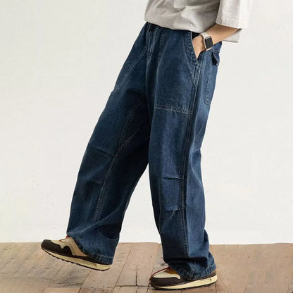 Spring And Autumn Japanese Style Oversized Straight Leg Jeans Loose Drawstring Workwear Pants Wide Leg Pants  Men'S Pants