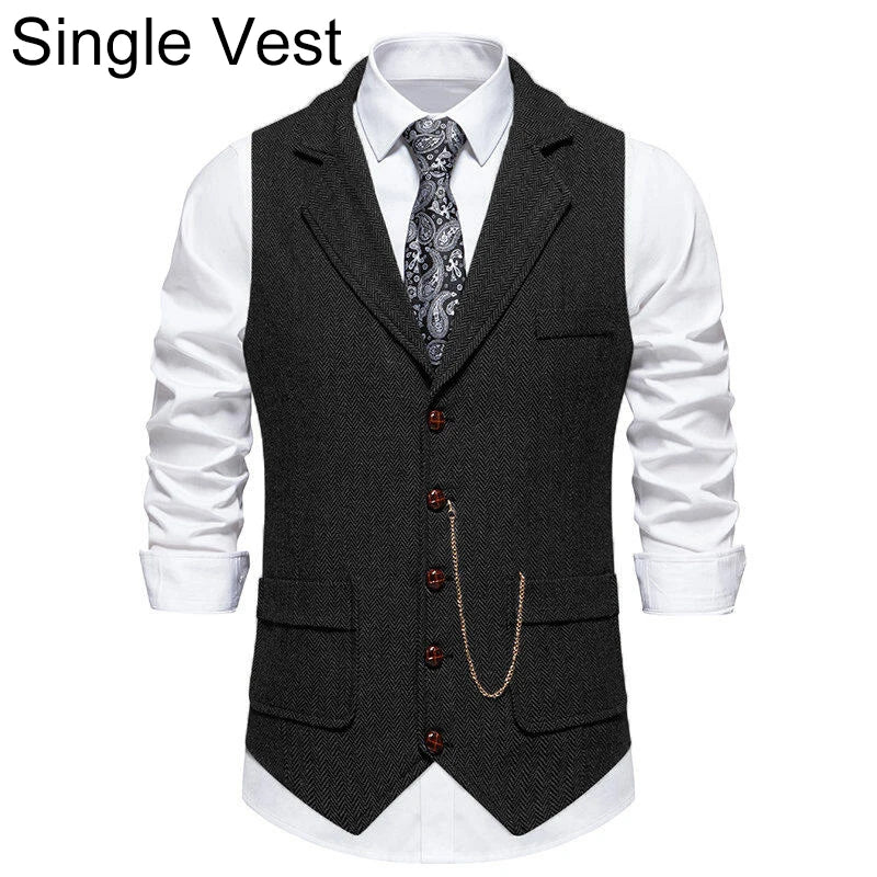Man Suit Vest British Style Turn Down Collar Male Waistcoat Vintage Single-breasted Business Casual Men Coat Vest