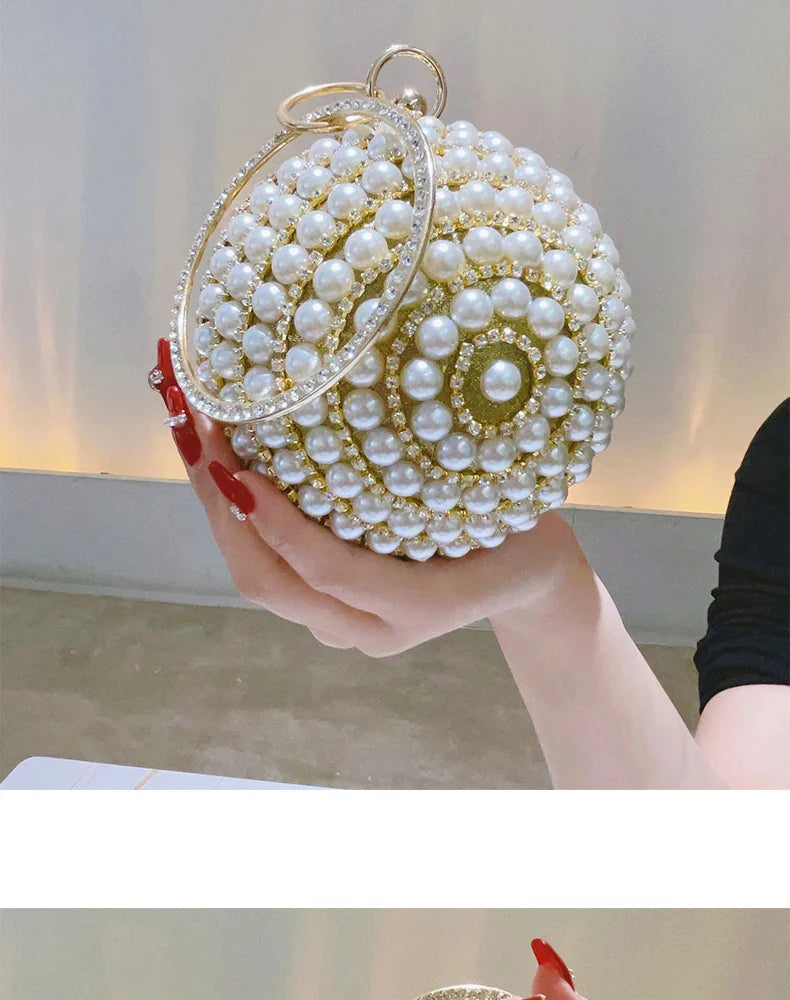 Round Pearl Clutch Purse Handbag Luxury Elegant Evening Bag Ring Handle For Women Bride Bridesmaid Wedding Party Handbag Purses