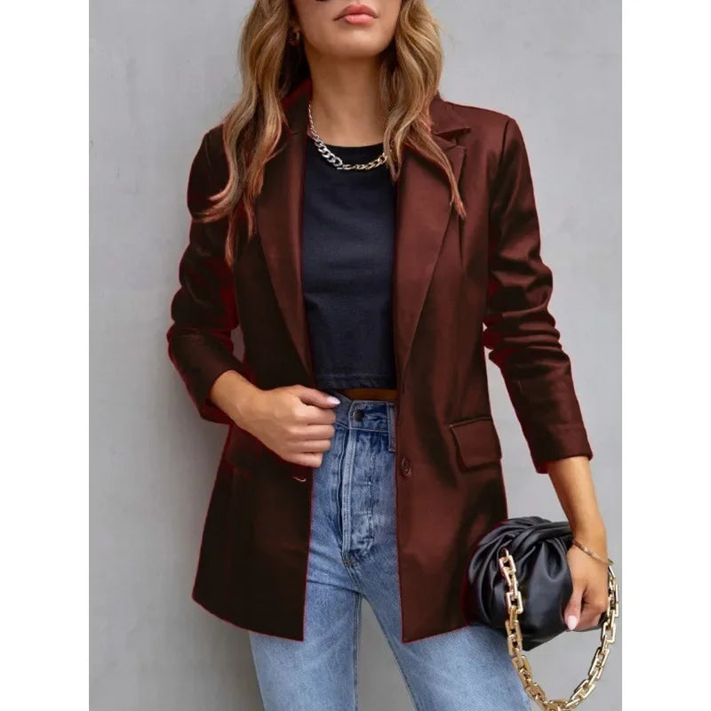 Elegant Chic Jacket Office Lady Long Sleeve Lapel Collar Single Breasted Pocket Coat Outwear 2025 Women PU Leather Suit Blazer