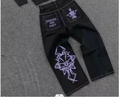 Mens Jeans Harajuku Vintage Gothic Punk Dark Grey Cargo Denim Pants Metal Buckles Chains Multi Pocket Adjustable Strap Y2K New