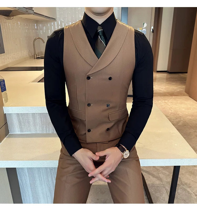 ( Vest + Pants) Men's Double-breasted Suit Vest 2 Pieces Set High Quality Business Casual Fashion Groom Wedding Dress Vest Sets