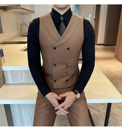 ( Vest + Pants) Men's Double-breasted Suit Vest 2 Pieces Set High Quality Business Casual Fashion Groom Wedding Dress Vest Sets
