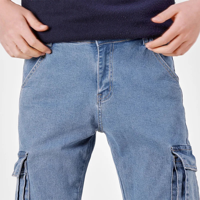 Men's Street Style Elastic Waist Denim Cargo Pants Solid Color Washed Slim Fit Casual Jeans with Multiple Pockets for Daily Wear