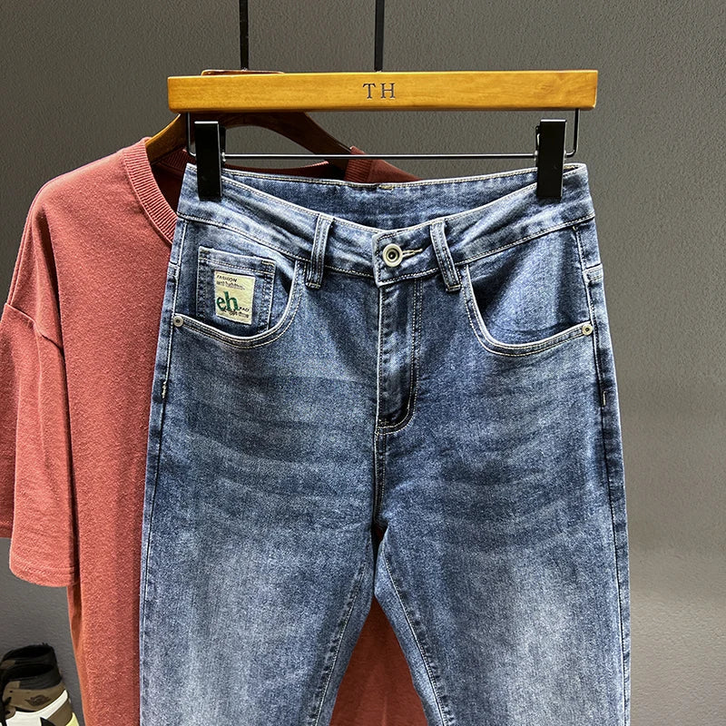 Men's Loose Harem Jeans Classic Blue Fashion Elastic Tapered Small Feet Denim Pants Streetwear Youth Ankle Length Trousers