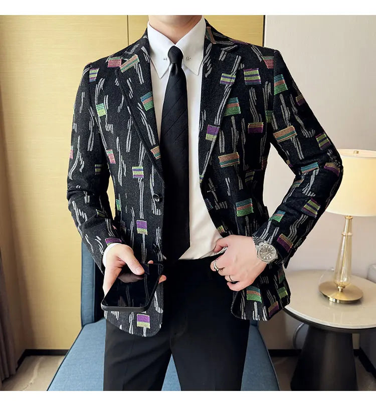 2025 New Luxury Denim Jacquard Suit Coats Men Fashion Slim Fit Suit Casual Business Party Coat Uniform Wedding Social Tailcoat