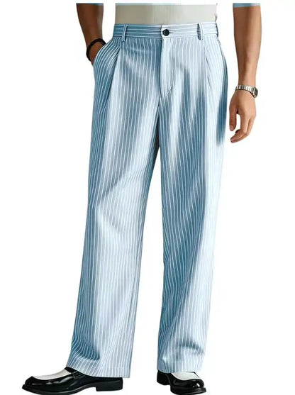 Vintage Men Pants Thin Slacks Business Striped Trousers High Waist Pleated Wide Leg Loose Straight Casual Office Wedding