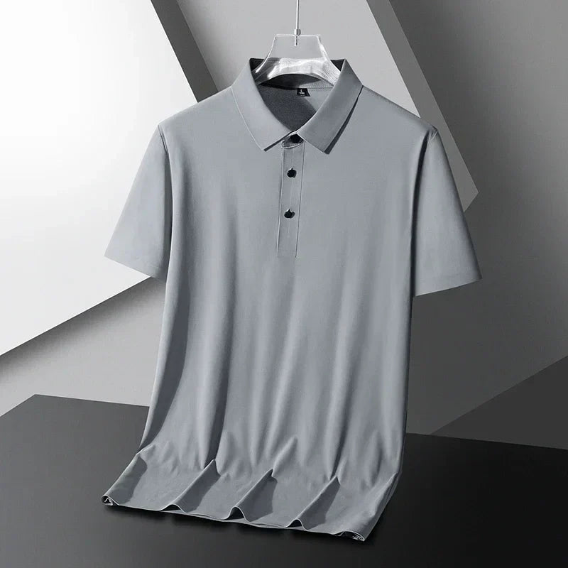 Summer Ice Silk Polo Shirt High-End T-Shirt Solid Color New Half Sleeve Non-Marking Casual Lapels Business Thin Menswear 2025