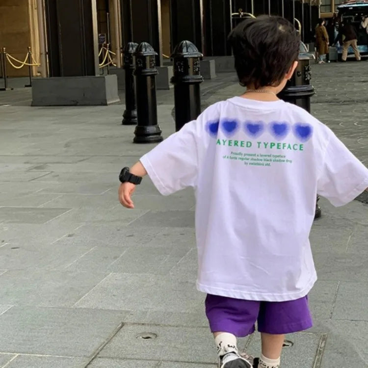 Cotton Heart Print Boys Short Sleeve T-Shirt Summer Toddler Loose Fit Baby Handsome 3-6 Years Top