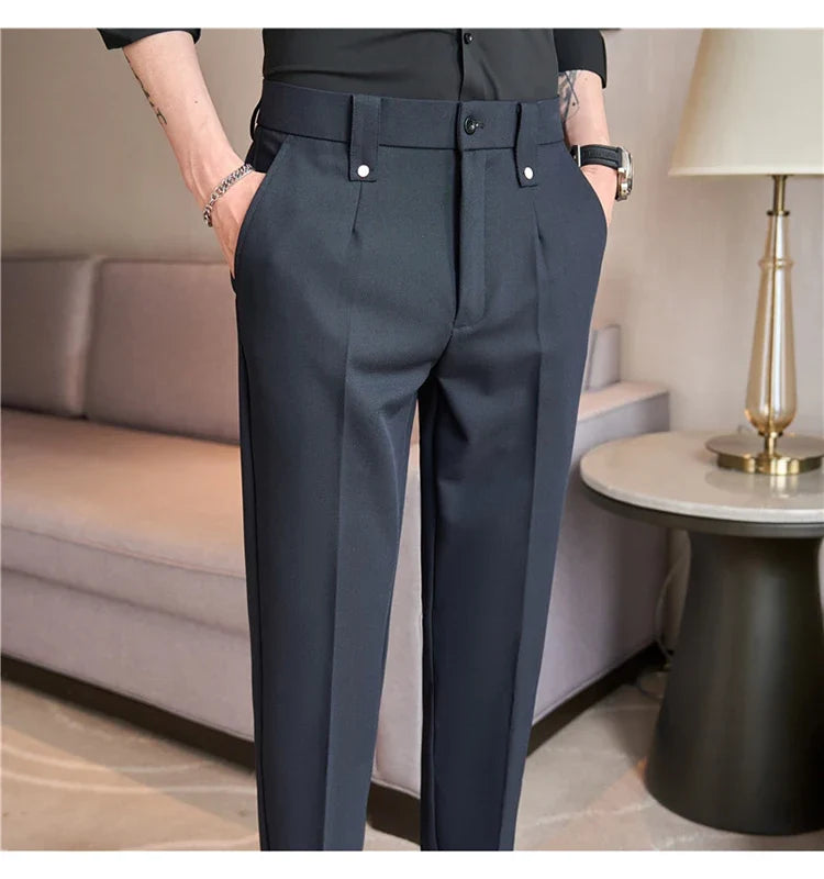 Mens Suit Pants 2026 Spring New British Style Elastic Waist Solid Casual Formal Dress Pants Slim Fit Trousers for Men Clothing