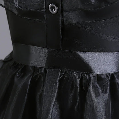 2026 Halloween Festival Popular Black Dress Girls Cosplay Short Sleeve Ruffles Clothing With Belt + Accessories Set Gift