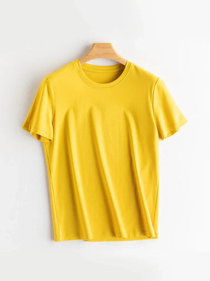 Women Solid T shirts, Silk Cotton Blend, O Neck, Short Sleeved Solid Tee,2025 Summer Candy Colors Basic Cozy Top Green
