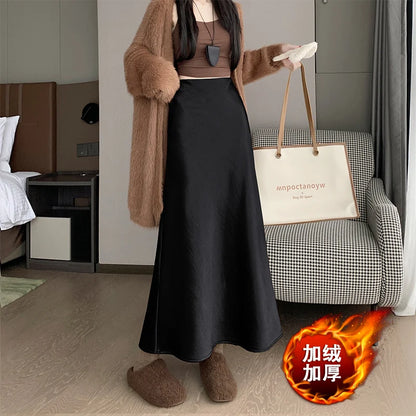 New Autumn Winter Solid Satin Silk Mermaid Skirt Women Fashion High Waist Office Ladies Work Warmth Party Long Maxi Skirt