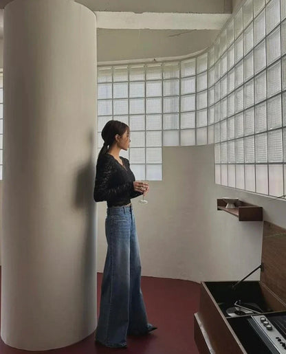 Retro High Waist Slim Fit Blue Jeans Women's Autumn Winter Straight Leg Long Pants Wide Leg Pants Classic Waed Denim