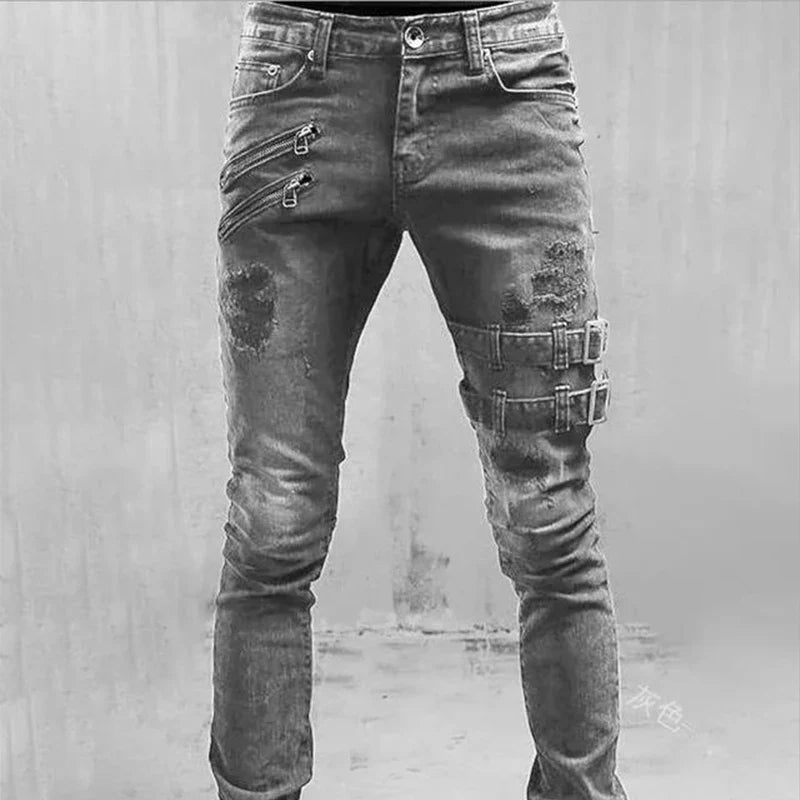 2022 New Jeans Men Fashion Hole Streetwear Straight Jeans Spring Summer Moto & Biker Skinny Casual Denim Pants For Men