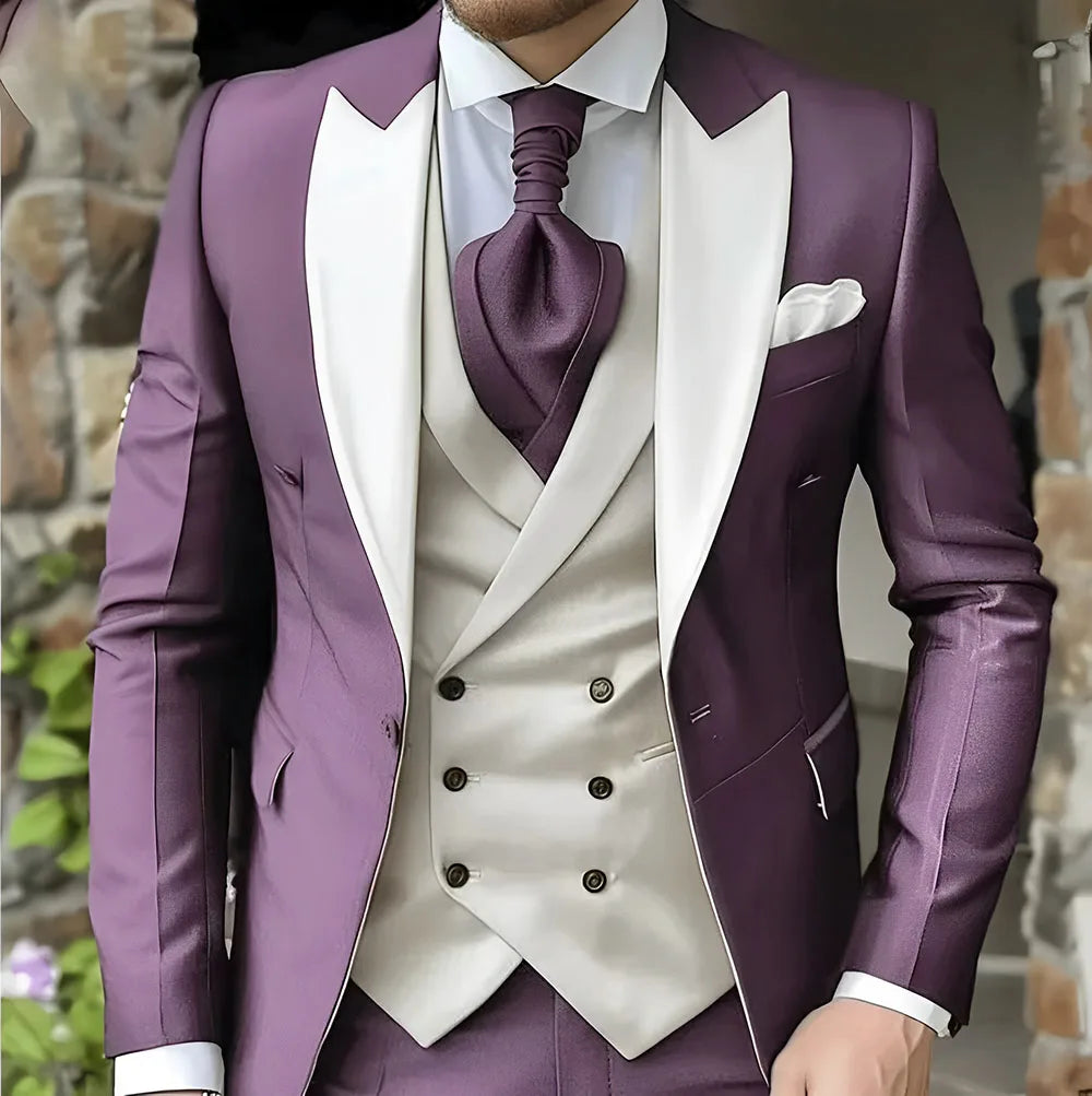 Men's Elegant Peak Lapel Tuxedo 3-Piece Suit with Blazer Vest Formal Men's Suit for Business Prom Business Dinner