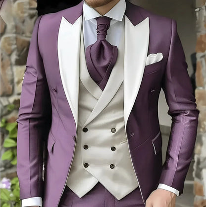 Men's Elegant Peak Lapel Tuxedo 3-Piece Suit with Blazer Vest Formal Men's Suit for Business Prom Business Dinner