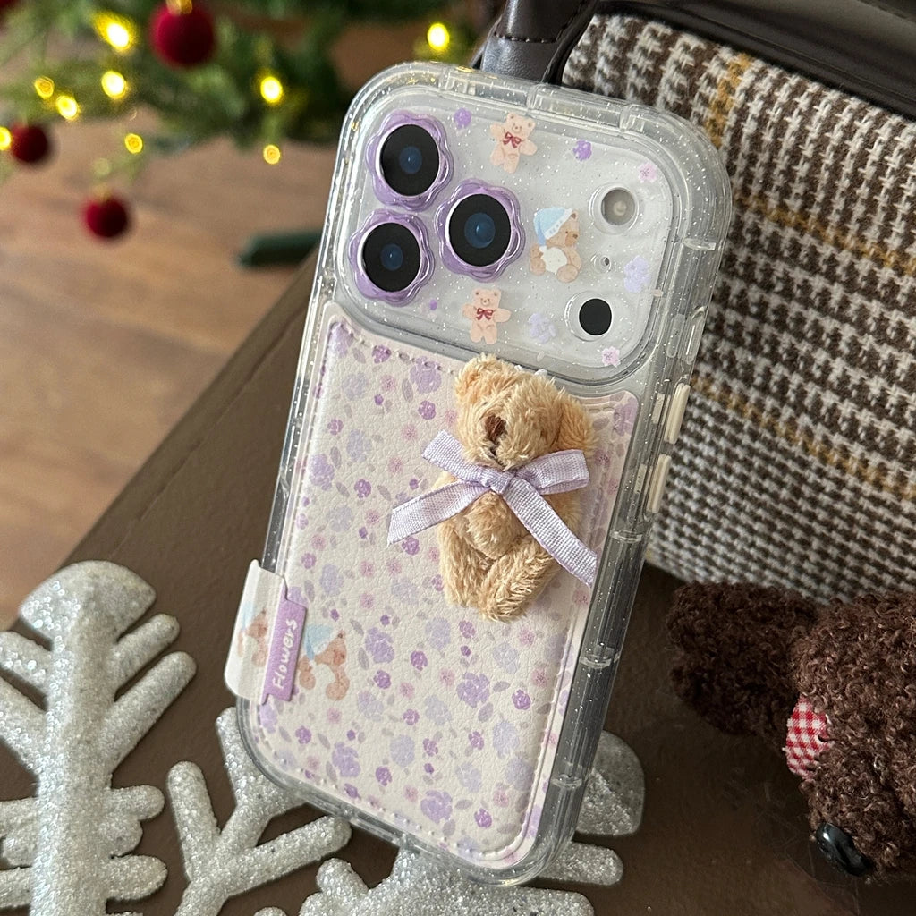 Gentle Purple Flower Stereoscopic Bear Artificial Leather Plush Ball Lanyard Phone Cover Case for iPhone 17 16 15 14 Pro Max