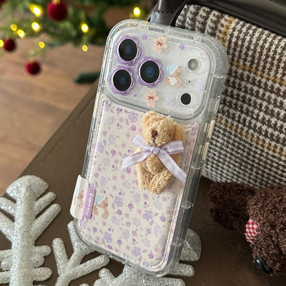 Gentle Purple Flower Stereoscopic Bear Artificial Leather Plush Ball Lanyard Phone Cover Case for iPhone 17 16 15 14 Pro Max