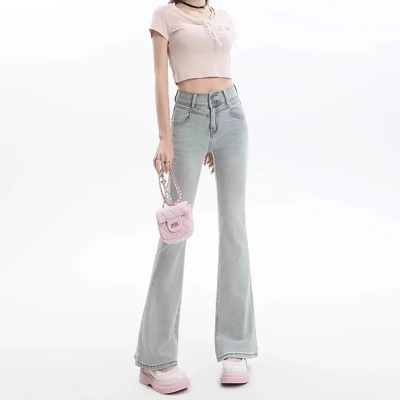 High Waist Bell Bot Denim Jeans Women's Light Color Peach Butt Design Slimming Fitted Floor Length  Hoof Pants