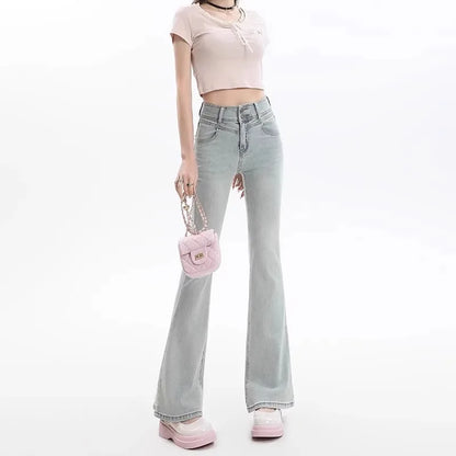 High Waist Bell Bot Denim Jeans Women's Light Color Peach Butt Design Slimming Fitted Floor Length  Hoof Pants