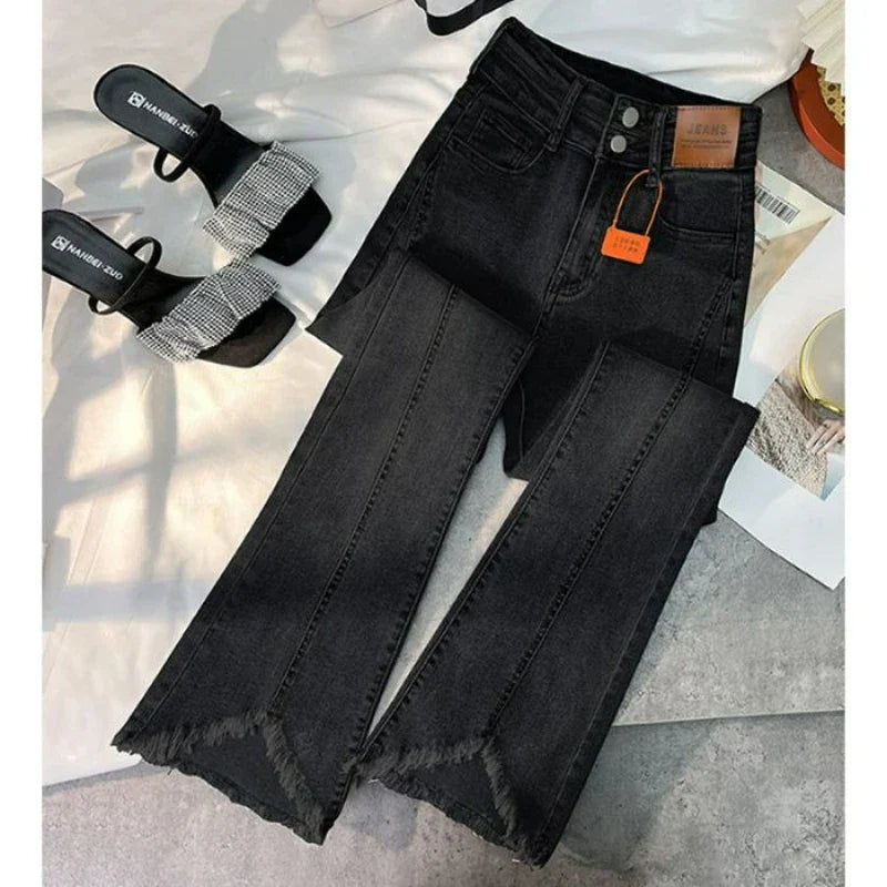 Women Autumn Y2K Slim Flared Denim Trouser Raw Edge Vintage Sexy Minimalist Pant Grunge High Waist Solid High Street Retro Jeans