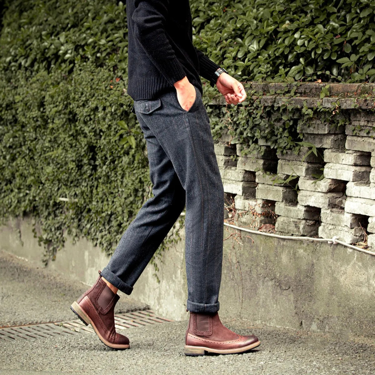 Retro British Wool Herringbone Casual Pants for Men, Thick Loose Plaid Pants for Autumn and Winter, Large Size Woolen Pants
