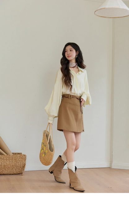 Women's Lapel Lantern Sleeve Shirts 2026 Spring Lace Trim Casual Loose Breathable Solid Shirt Office Lady MXF13C2436