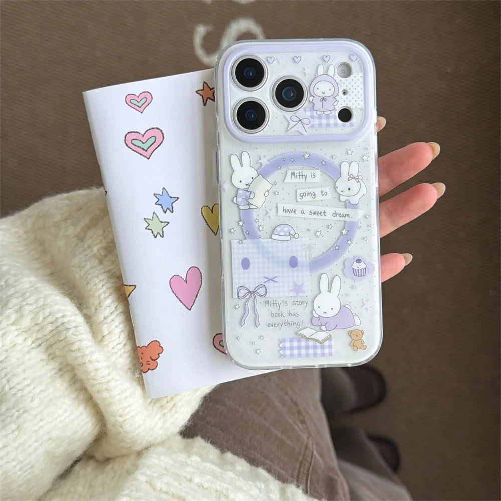 Korean INS Star Bow Rabbit With Magsafe Stand Phone Case for iPhone 17 Pro 13 14 15 16 Pro Max Cover Rotate Holder Cute Cases