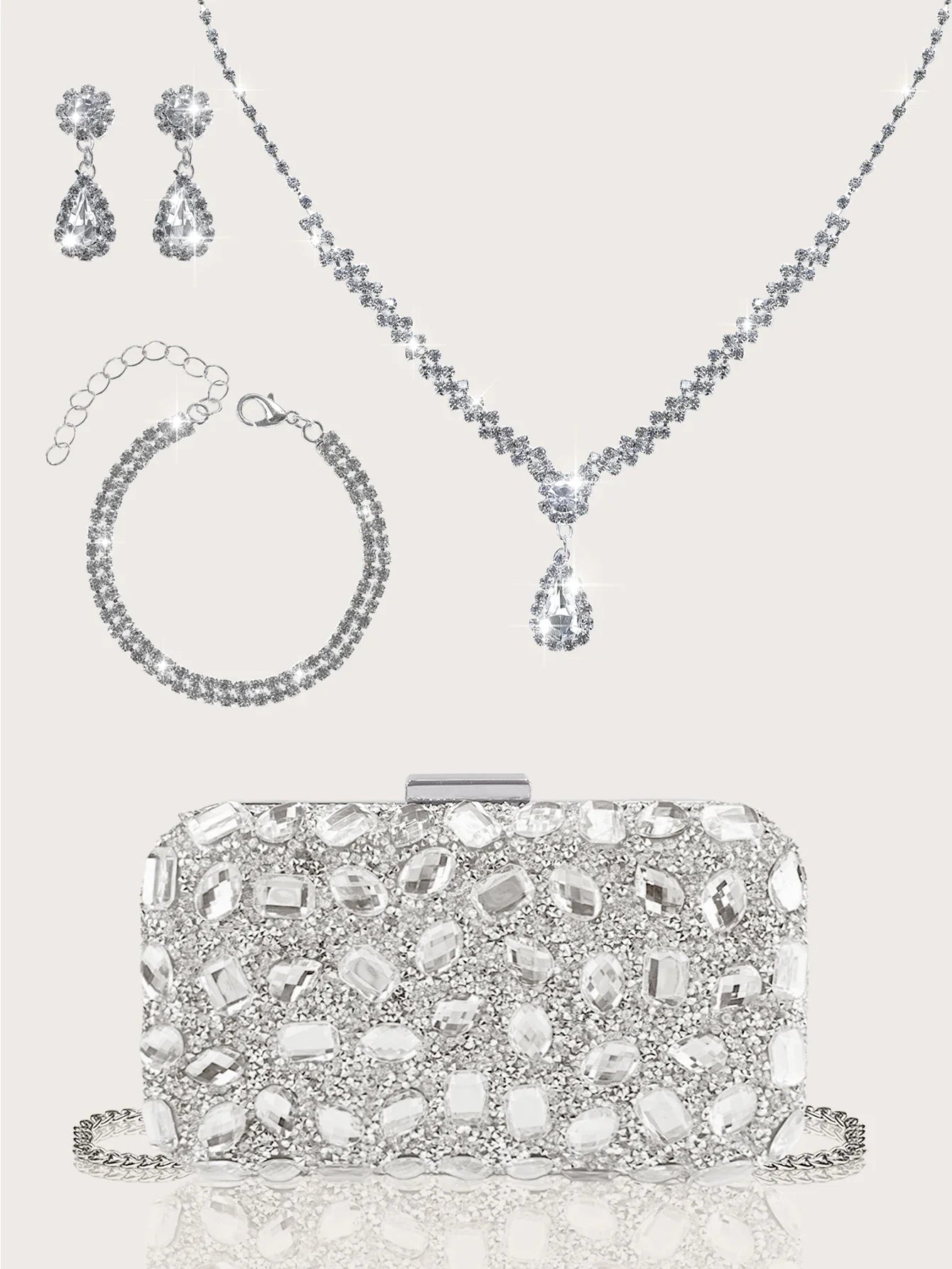 Fashionable and Luxurious, Simple Rhinestone Party Clutch and Box Bag, Exquisite and Elegant Women's Evening Bag, Paired with a Gorgeous Rhinestone Pendant Necklace, Bracelet, and Earrings Four-Piece Set, Perfect Wallet for P