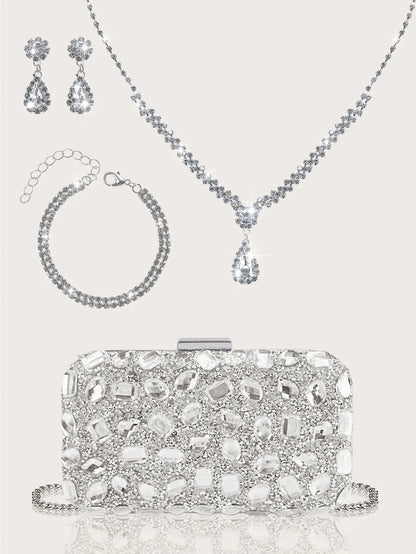 Fashionable and Luxurious, Simple Rhinestone Party Clutch and Box Bag, Exquisite and Elegant Women's Evening Bag, Paired with a Gorgeous Rhinestone Pendant Necklace, Bracelet, and Earrings Four-Piece Set, Perfect Wallet for P