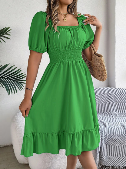 Spring Summer Elegant High Waisted Dress Square Neck Short Sleeved Ruffled Edge Long Dresses 2026 Valentine's Day Woman Clothing