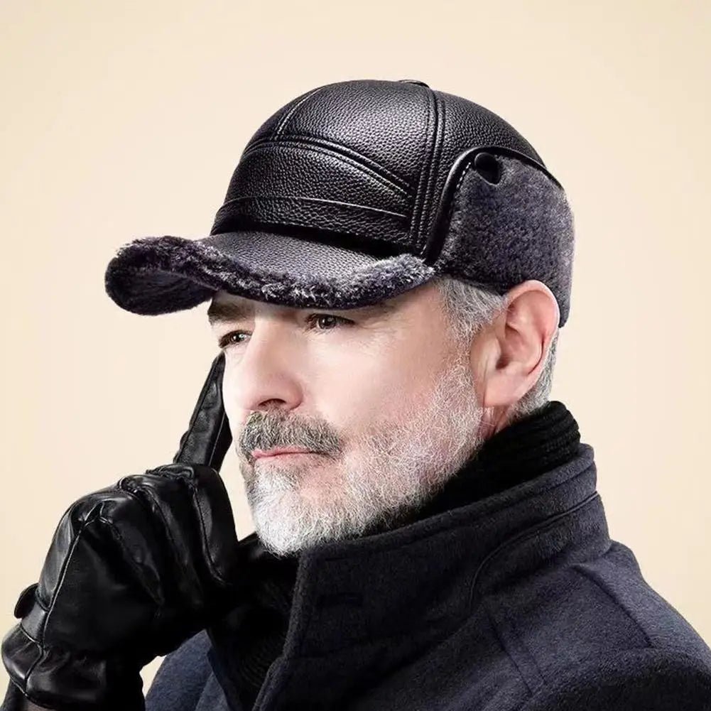 Winter Baseball Cap Men PU Leather Bomber Caps Middle Elderly Dad Hat With Earflaps Thicker Warm Windproof Tongue Hat Keep Warm