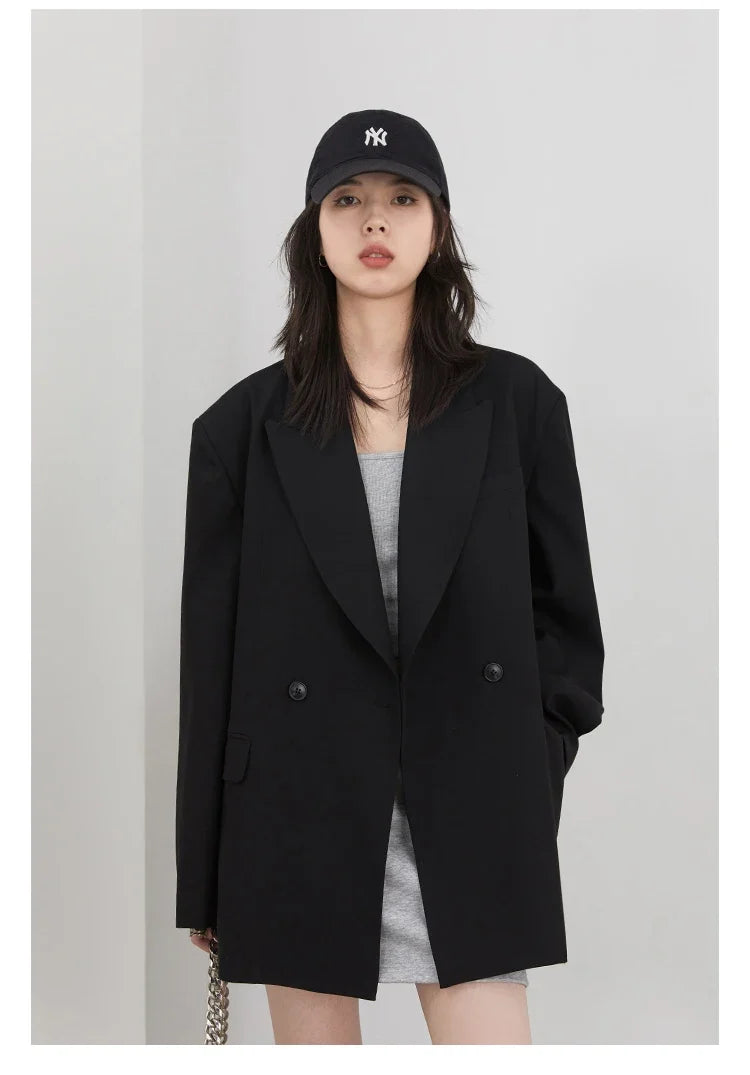 Women Blazers Solid Loose Double-breasted Wide Shoulder Office Ladies Suit Jacket Oversized Coat Spring Autumn 2026