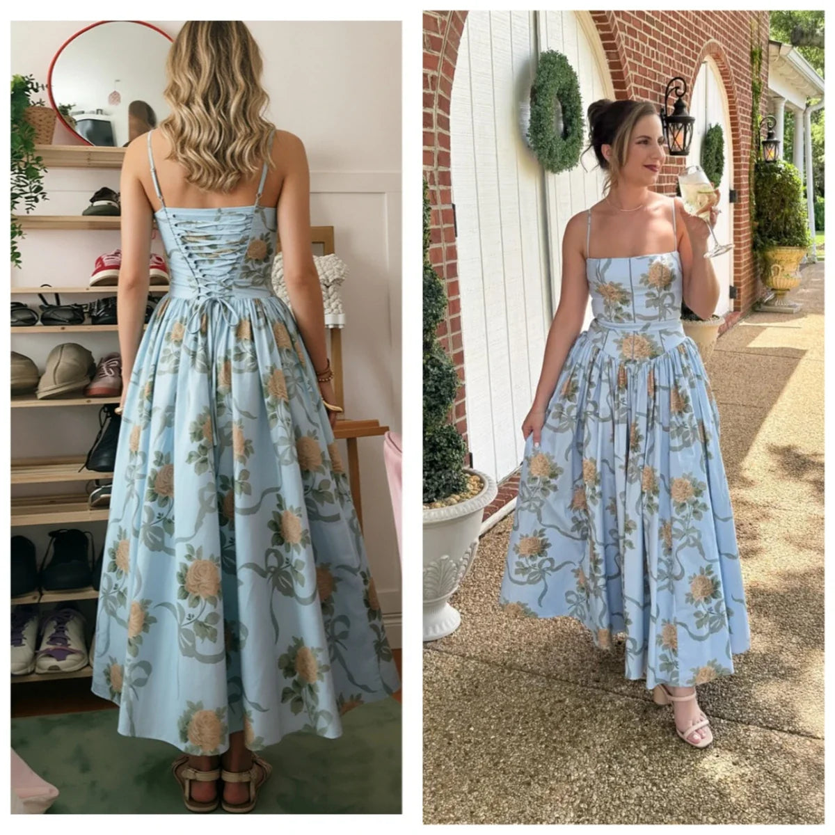 Women Long Floral Print Spaghetti Strap Maxi Dress Summer Elegant Lace Up Dress Flowy Holiday Party Beach Wear Dress