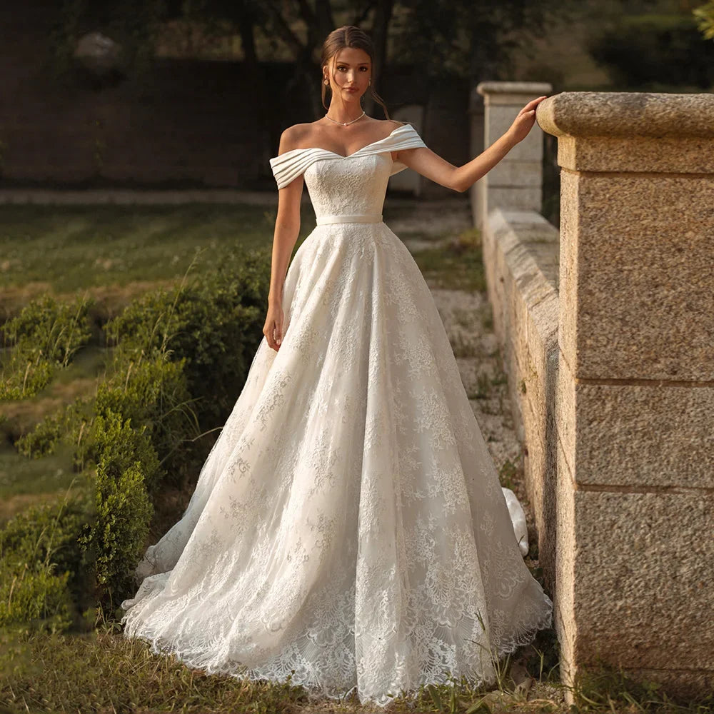 Exquisite Lace Wedding Dresses for Woman Customized Off The Shoulder V Neck Sweep Train Arabian Bridal Gown Vestidos De Novia