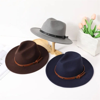 With Belt Buckle Felt Fedora Hats Fashion Vintage Wide Brim Panama Cap Soft Elegant Cowboy Cap Men Women