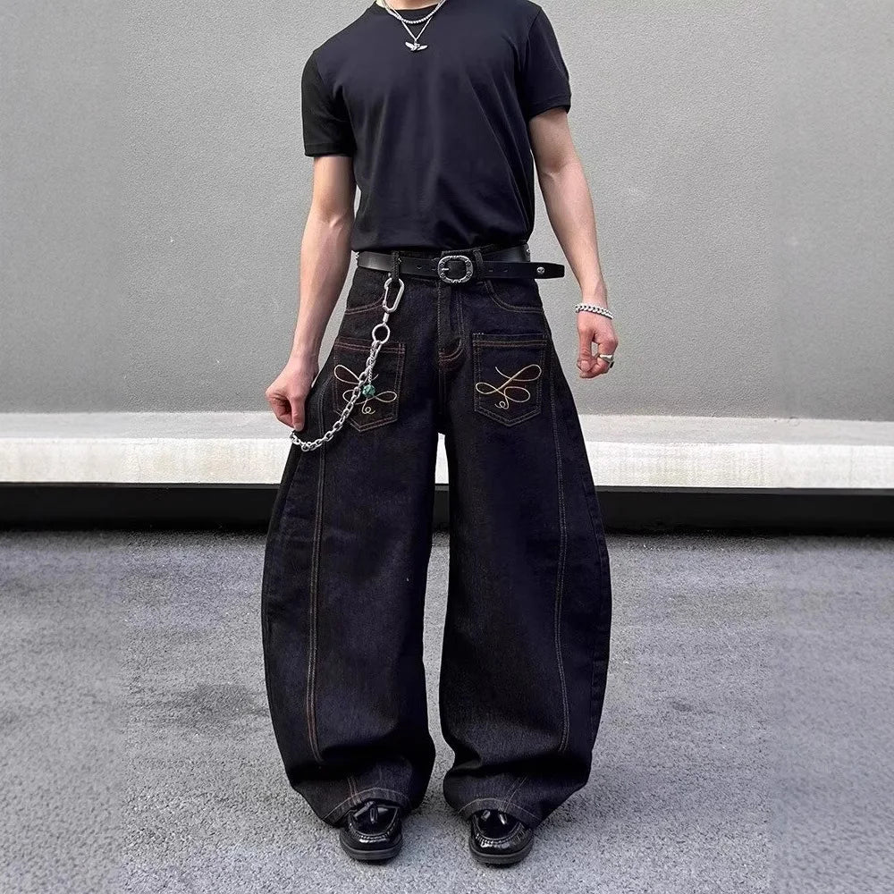 2025 Summer New Men's Y2k Pocket Decoration Jeans Harajuku Retro Fashion Trend Street Hip-Hop Casual Loose Niche Men's Bottoms
