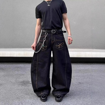 2025 Summer New Men's Y2k Pocket Decoration Jeans Harajuku Retro Fashion Trend Street Hip-Hop Casual Loose Niche Men's Bottoms