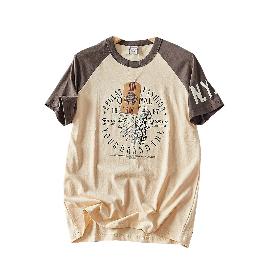 Summer New American Retro Short-sleeved O-neck Letter Printed T-shirt Men's Fashion Simple 100% Cotton Washed Casual Sport Tops