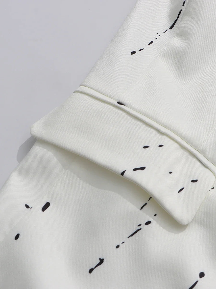 Ink Splashing Print Fashion Blazer for Women Notched Collar Long Sleeve Hollow Out Design Loose Coat Female Autumn