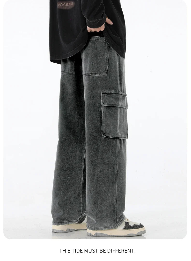 2024 New Men Baggy Cargo Jeans Fashion Streetwear Vintage Wide Leg Pants American Streetwear Y2K Big Pocket Youth Overalls