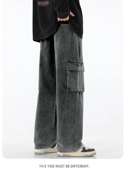 2024 New Men Baggy Cargo Jeans Fashion Streetwear Vintage Wide Leg Pants American Streetwear Y2K Big Pocket Youth Overalls