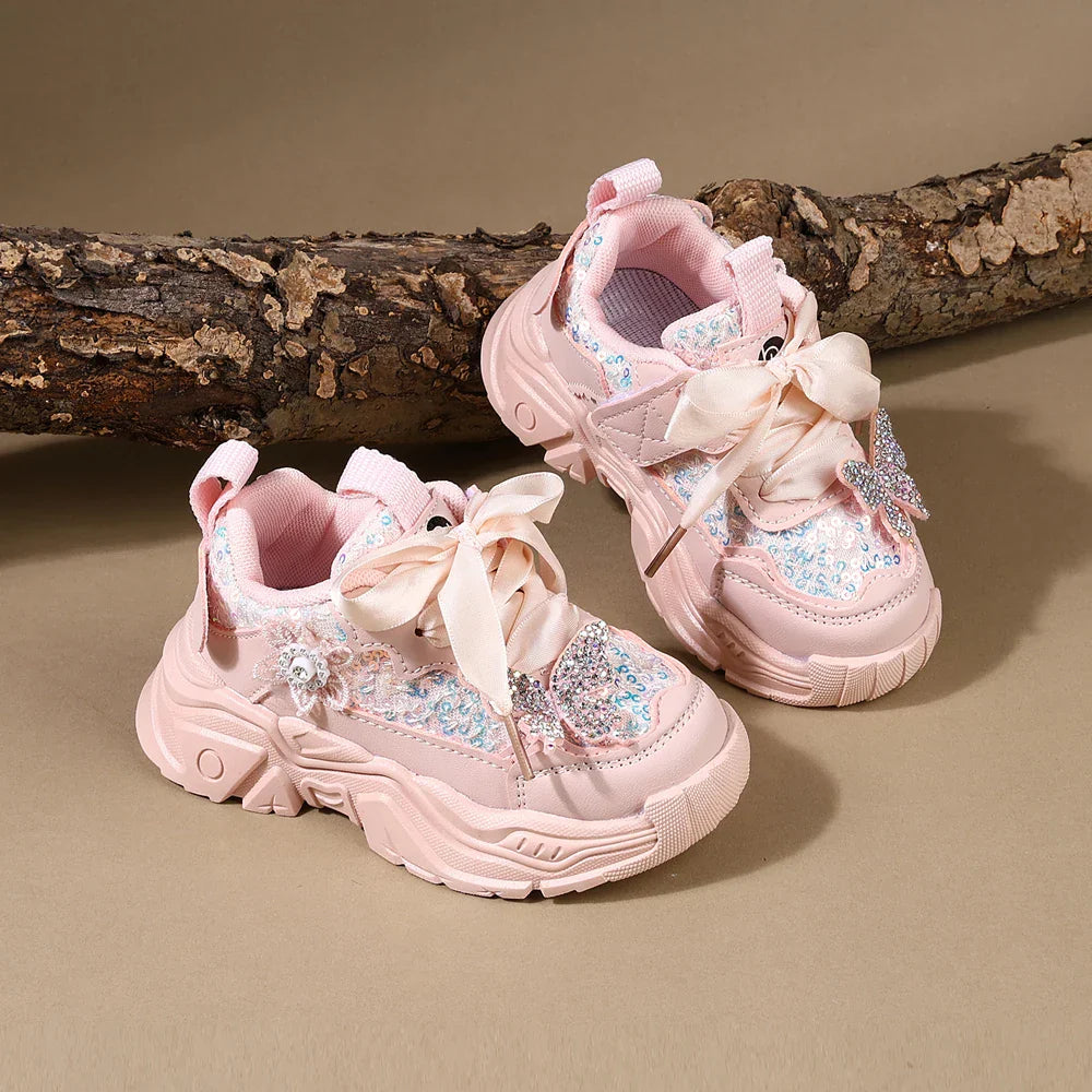 Children Shoes 2025 New Spring Toddler Girls Sport Shoes Bling Bling Soft Sole Breathable Outdoor Tennis Fashion Kids Sneakers