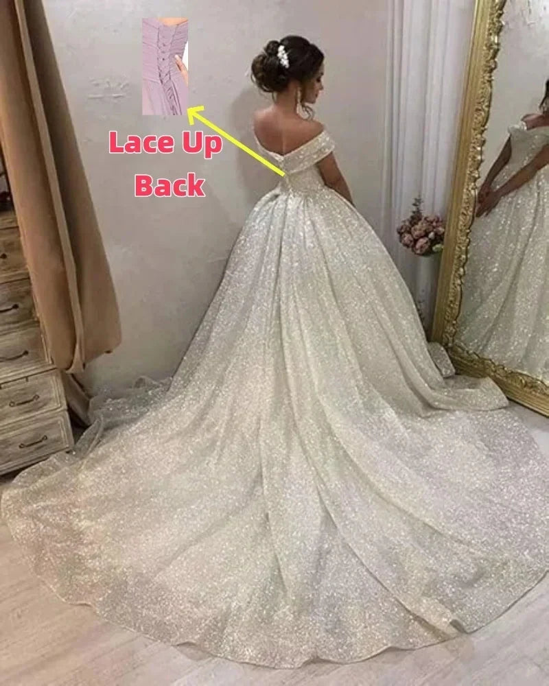 Customized White A Line Elegant Sexy Wedding Party Dress Off The Shoulder Shining Tulle Bridal Special Occasion Dress for Woman