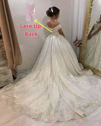 Customized White A Line Elegant Sexy Wedding Party Dress Off The Shoulder Shining Tulle Bridal Special Occasion Dress for Woman
